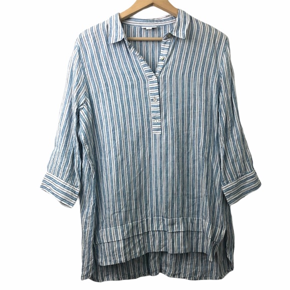 J. Jill Tops - J. Jill Love Linen 1/2 Placket Blue Striped Tunic